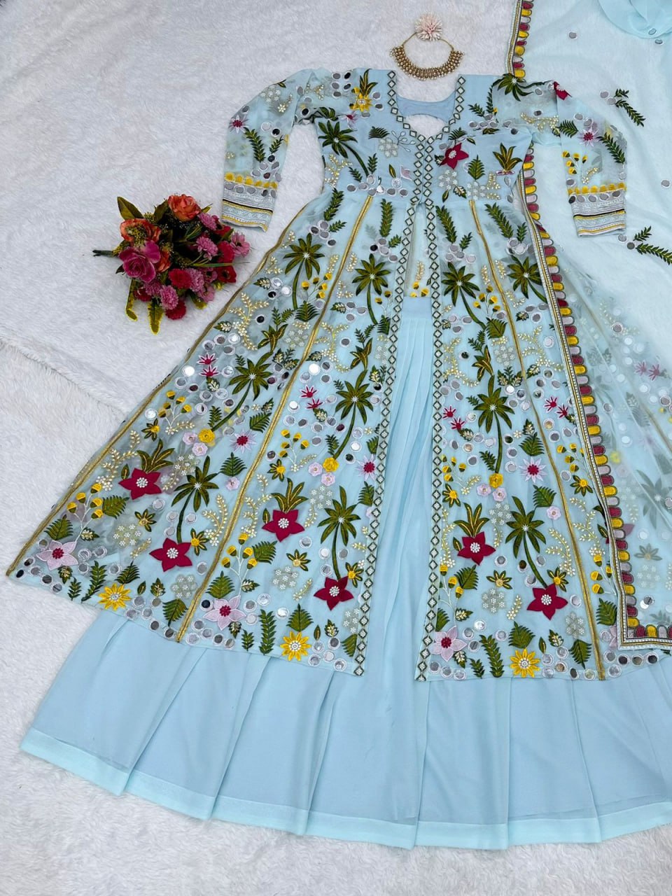 Party Wear Embroidary Work Beautiful Gown With Real Mirror