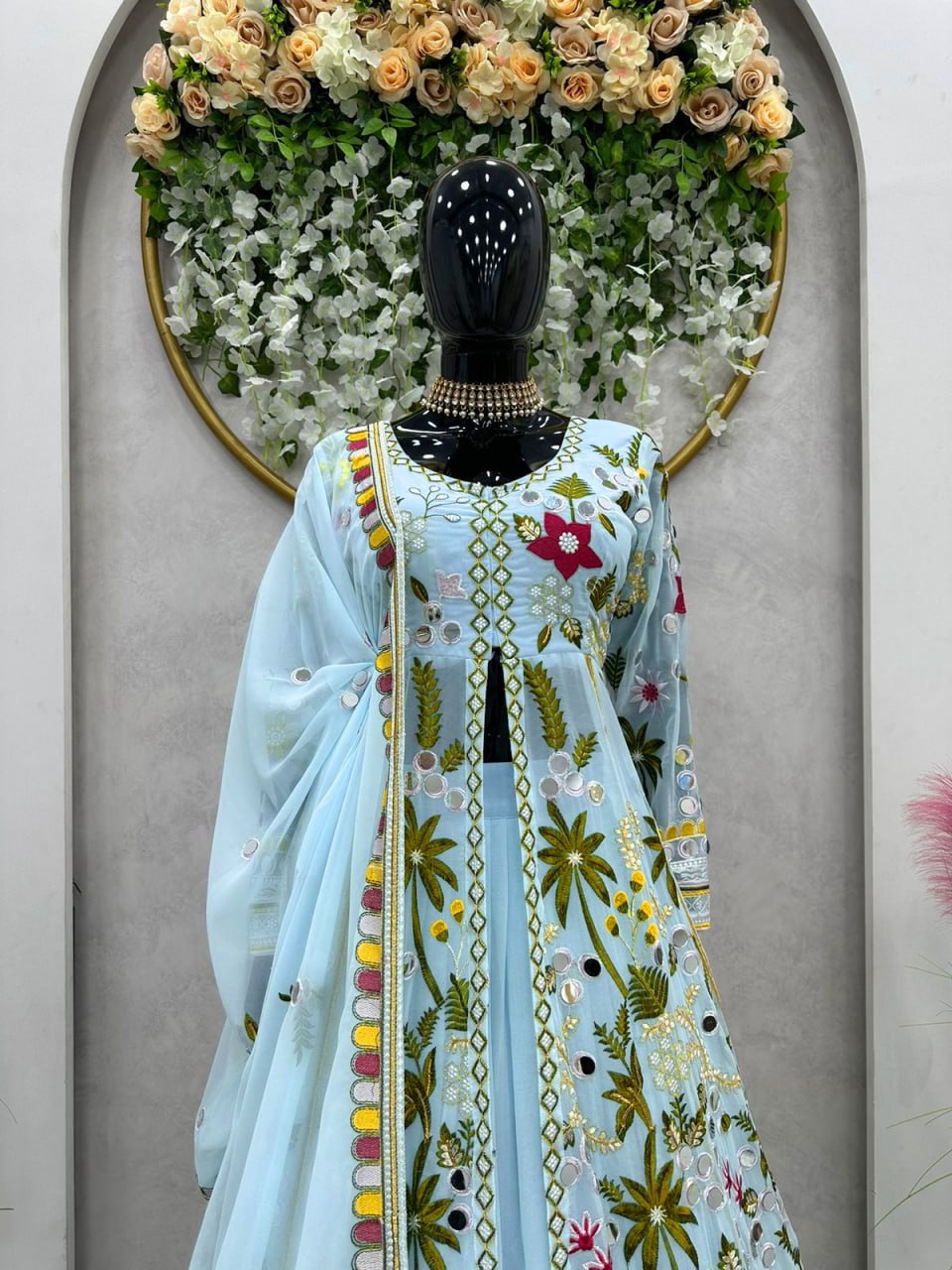Party Wear Embroidary Work Beautiful Gown With Real Mirror