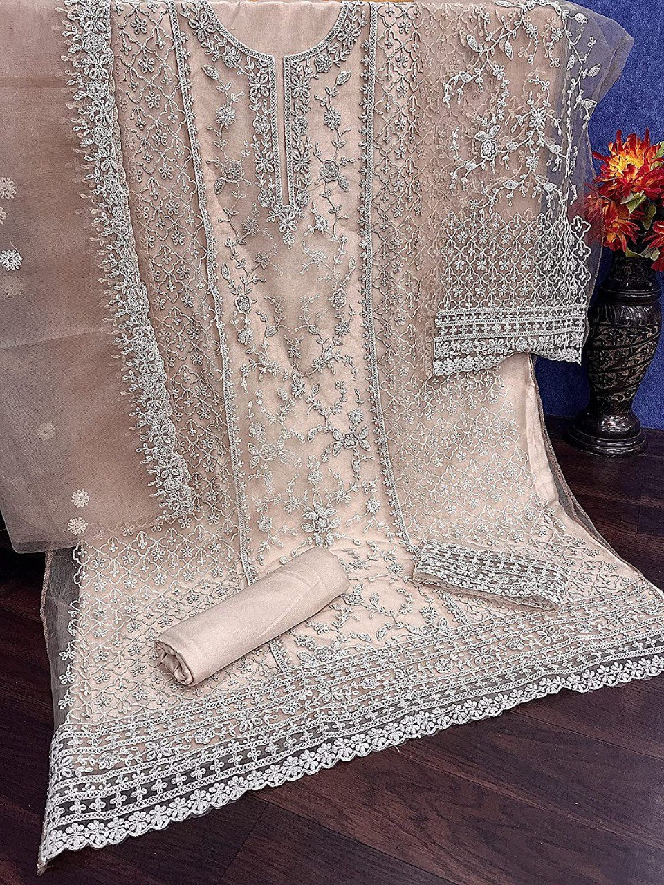 Deasigner Heavy Embroidary Work Net Semi Stiched Salwar Suit