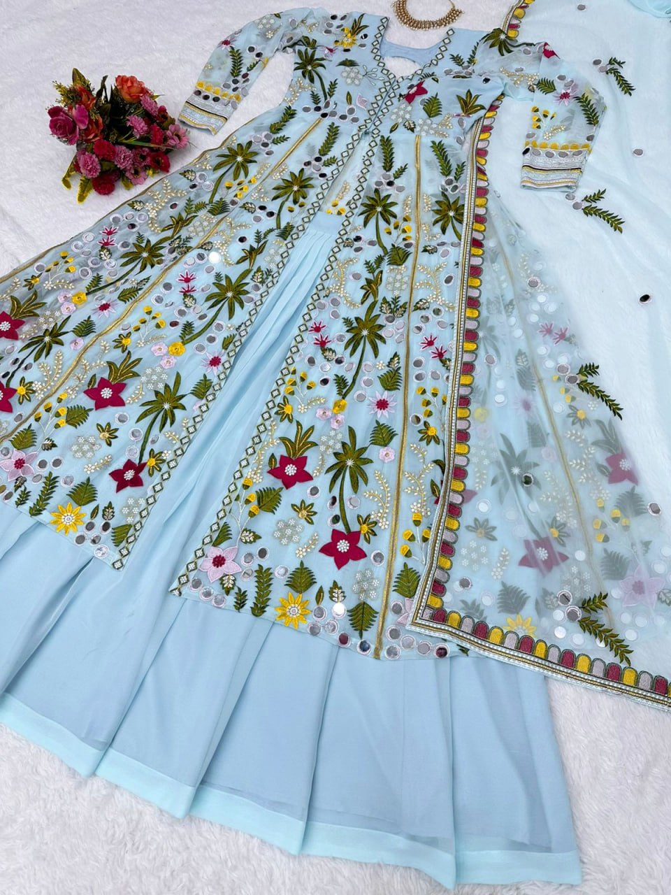 Party Wear Embroidary Work Beautiful Gown With Real Mirror