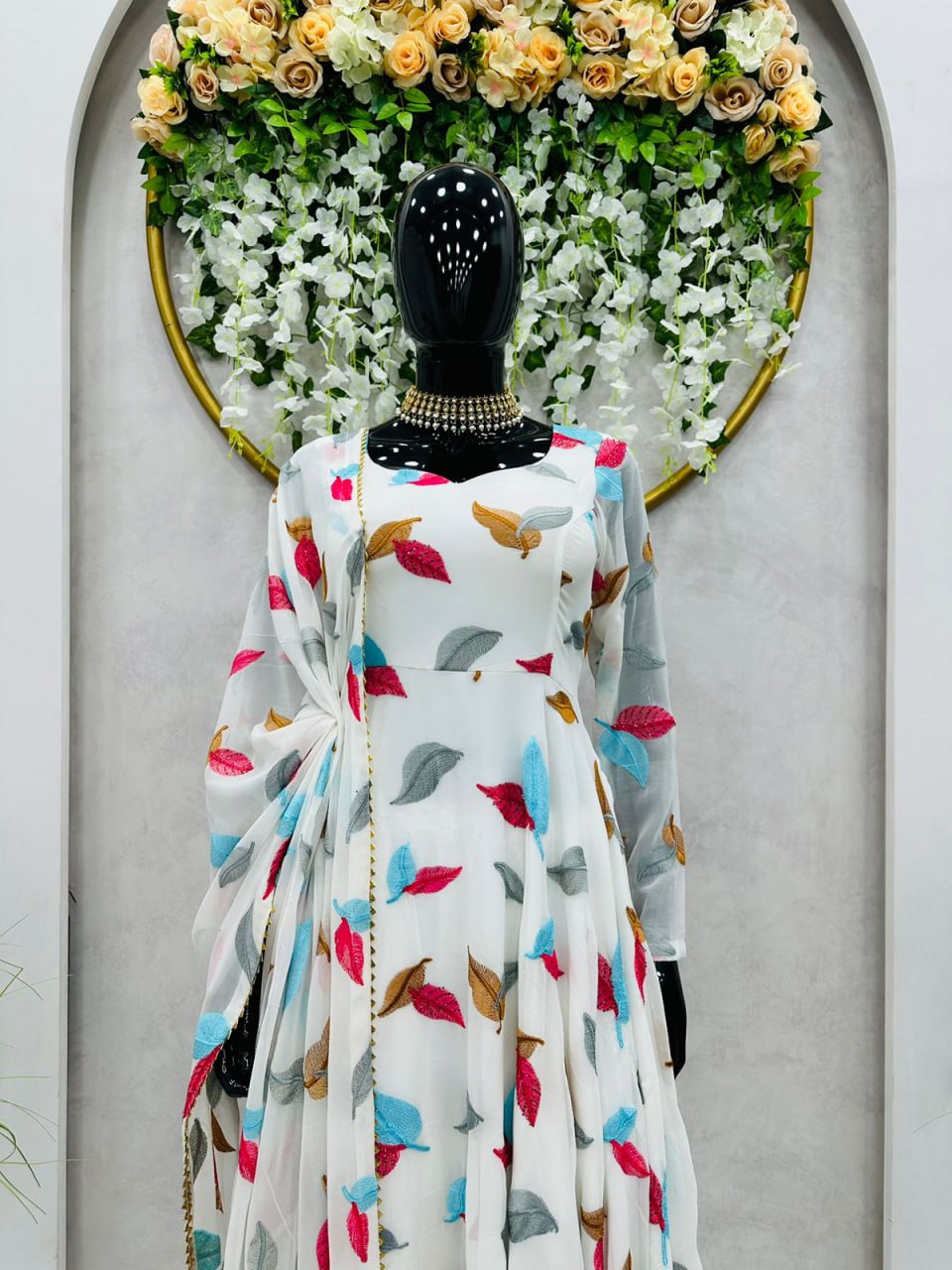 Embroidary With Hot Fix Daimond Work White Colour Full Stiched Gown