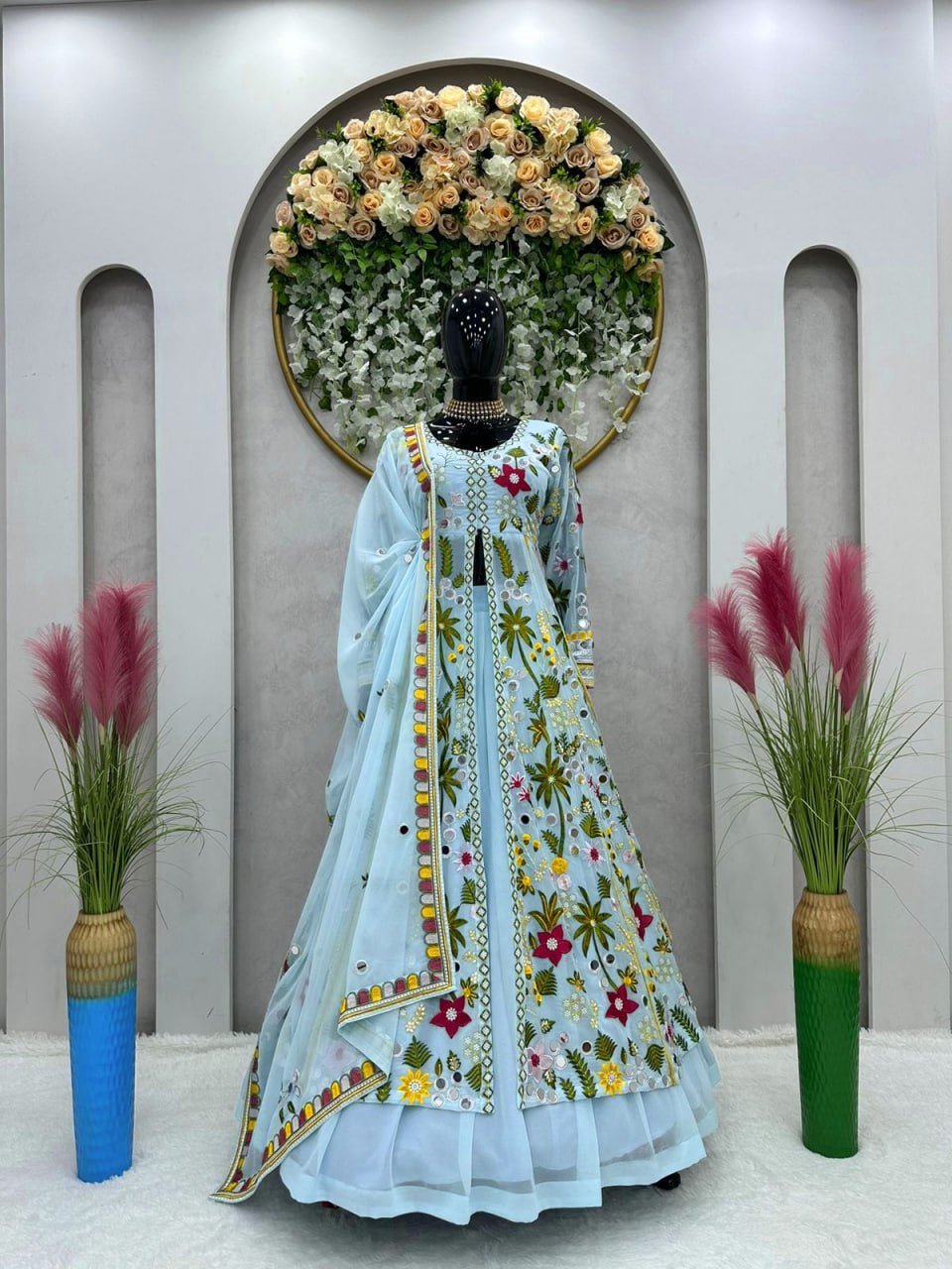 Party Wear Embroidary Work Beautiful Gown With Real Mirror
