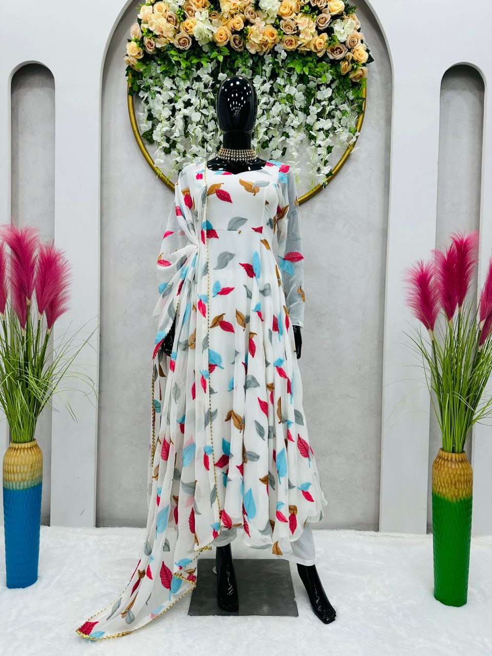 Embroidary With Hot Fix Daimond Work White Colour Full Stiched Gown