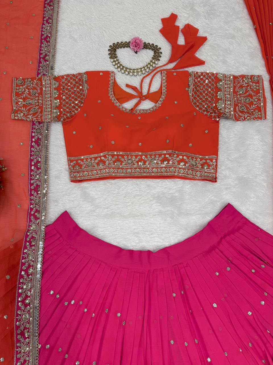Graceful Pink And Orange Bridal Lehenga with Double Dupattas