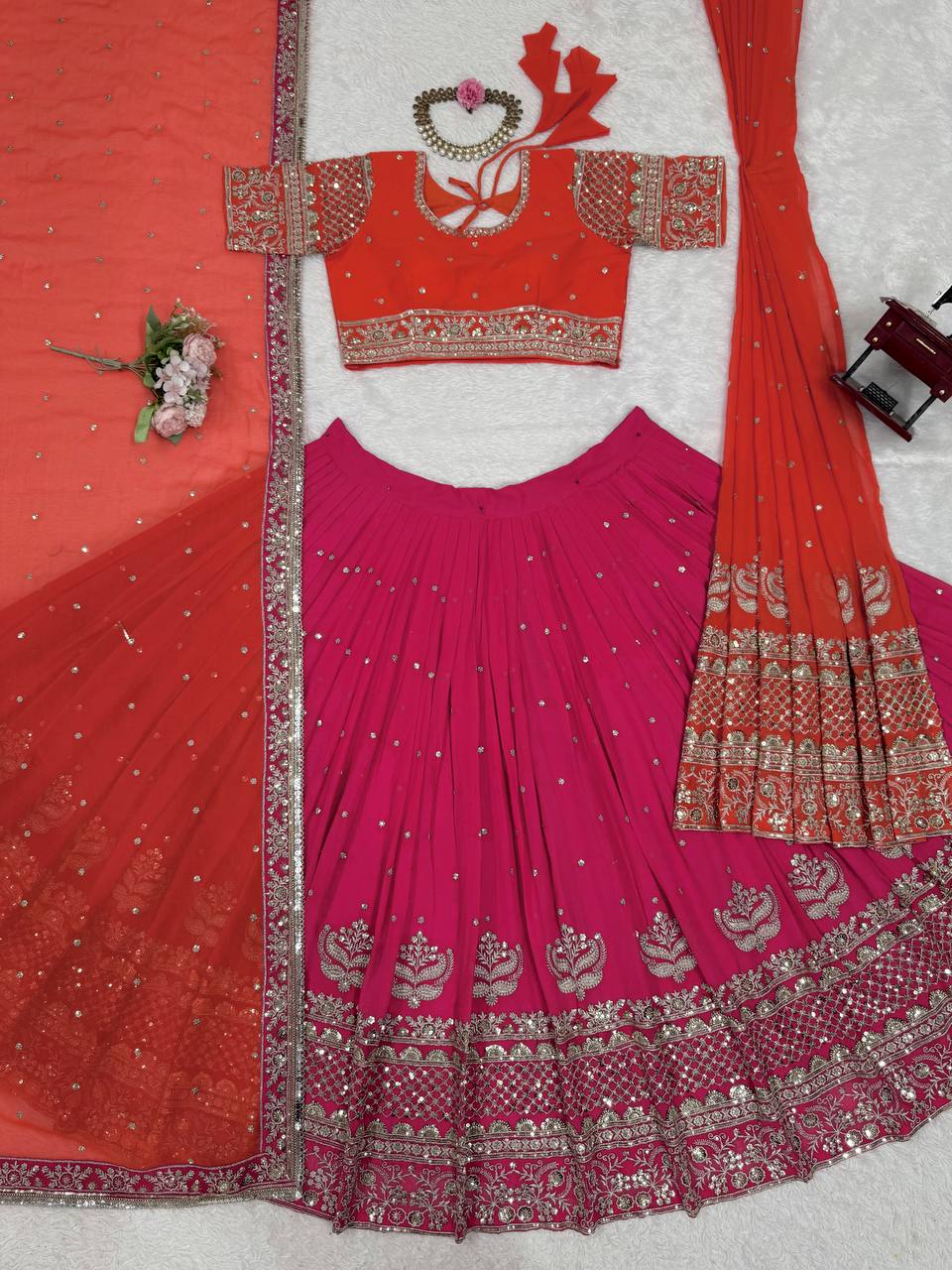 Graceful Pink And Orange Bridal Lehenga with Double Dupattas