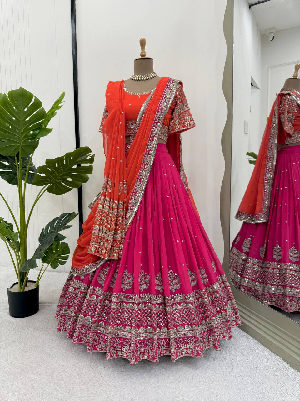 Graceful Pink And Orange Bridal Lehenga with Double Dupattas