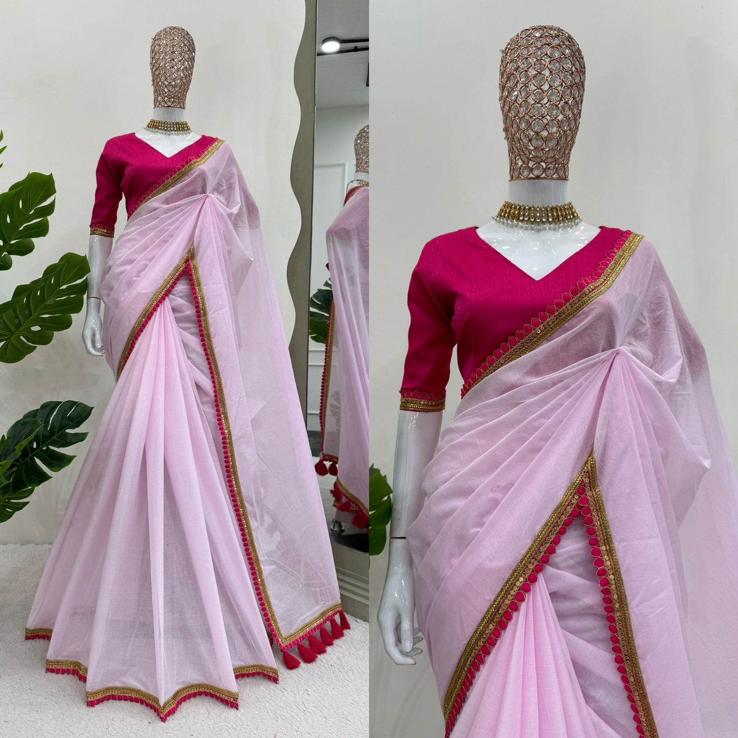 Beautiful Mul Cotton Stuff Fancy Lace With Heavy Latkan Pallu Saree
