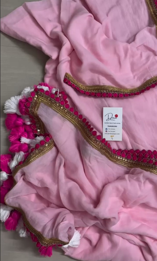 Baby Pink Mul Cotton Fancy Jhumka Lace Latkan Pallu Saree