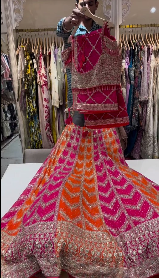 Pink Orange Color Georgette Sequence Work Wedding Wear Lehenga
