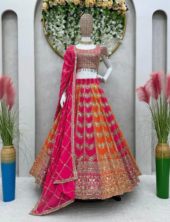 Pink Orange Color Georgette Sequence Work Wedding Wear Lehenga