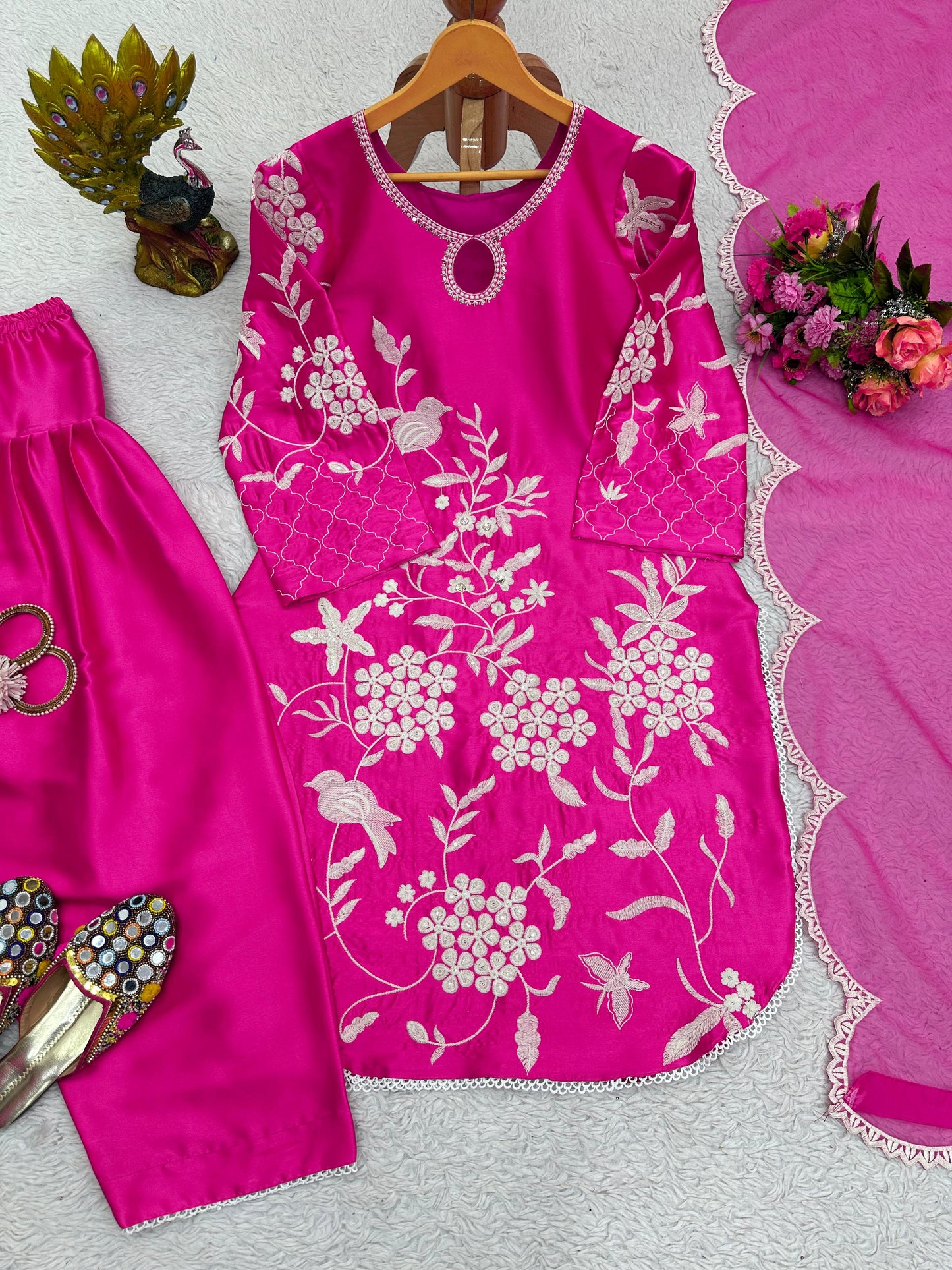 Pink Satin Silk White Thread Work Stitched Suit Set
