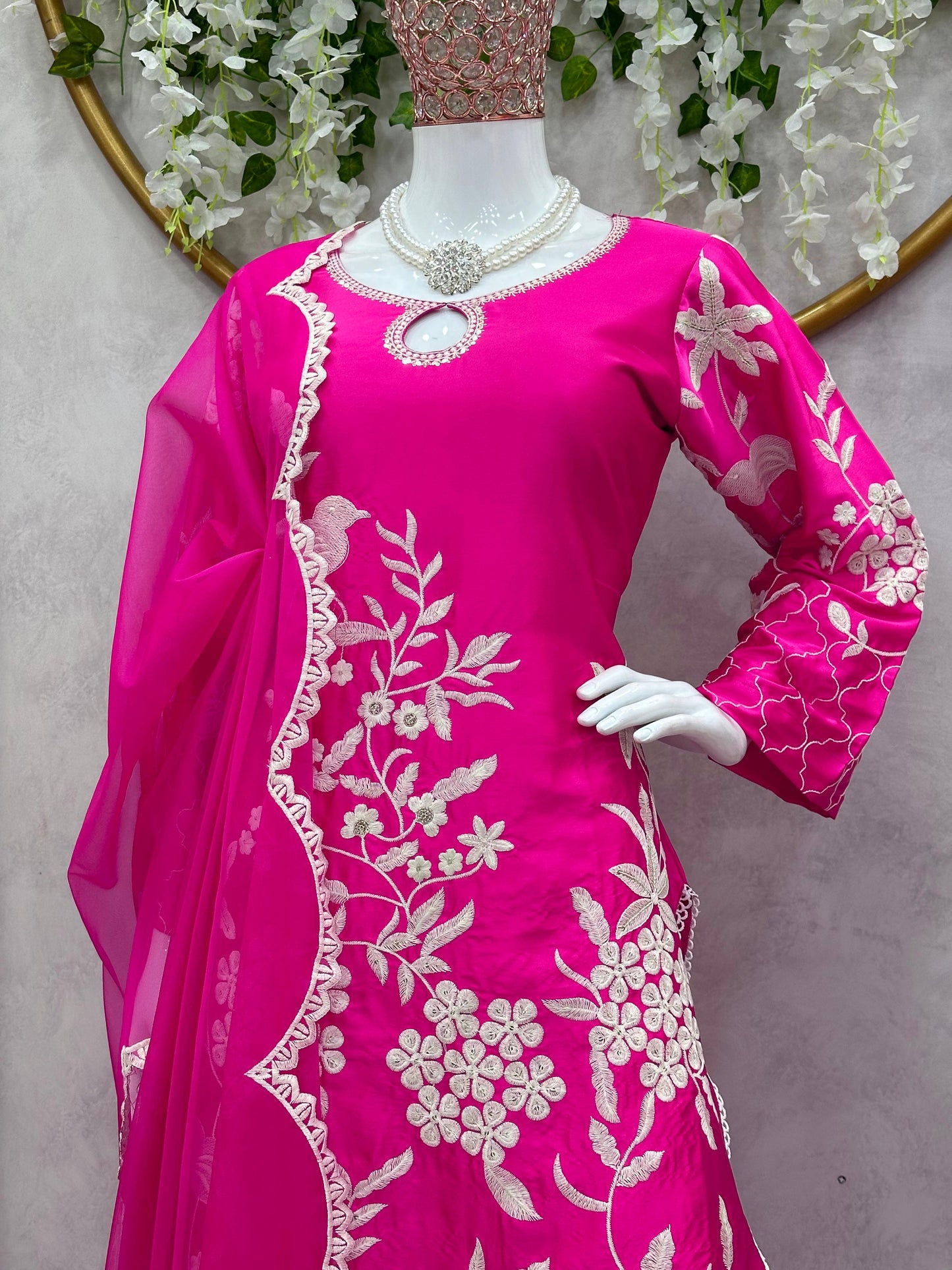 Pink Satin Silk White Thread Work Stitched Suit Set