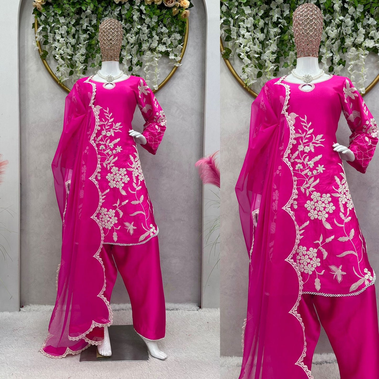 Pink Satin Silk White Thread Work Stitched Suit Set