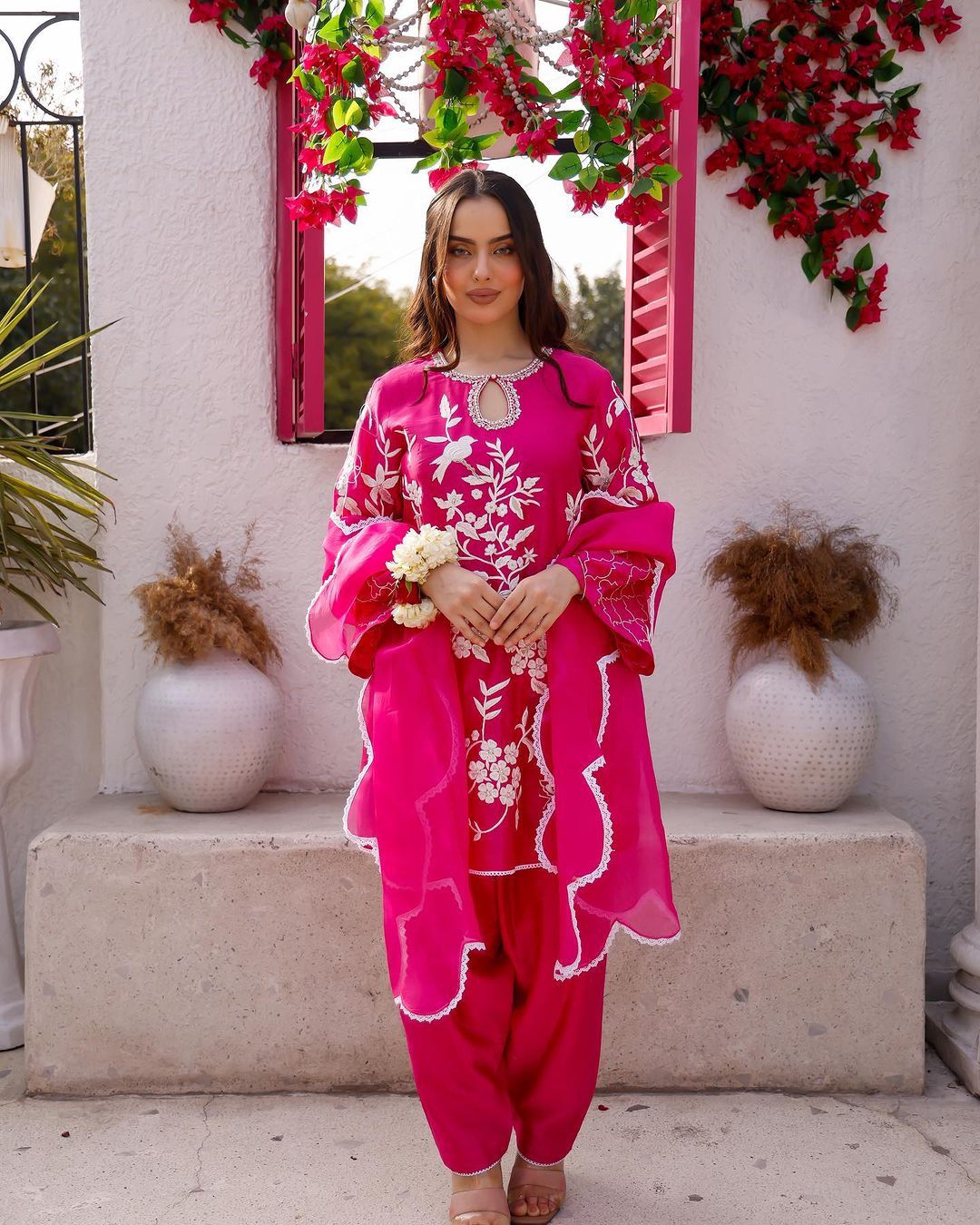 Pink Satin Silk White Thread Work Stitched Suit Set