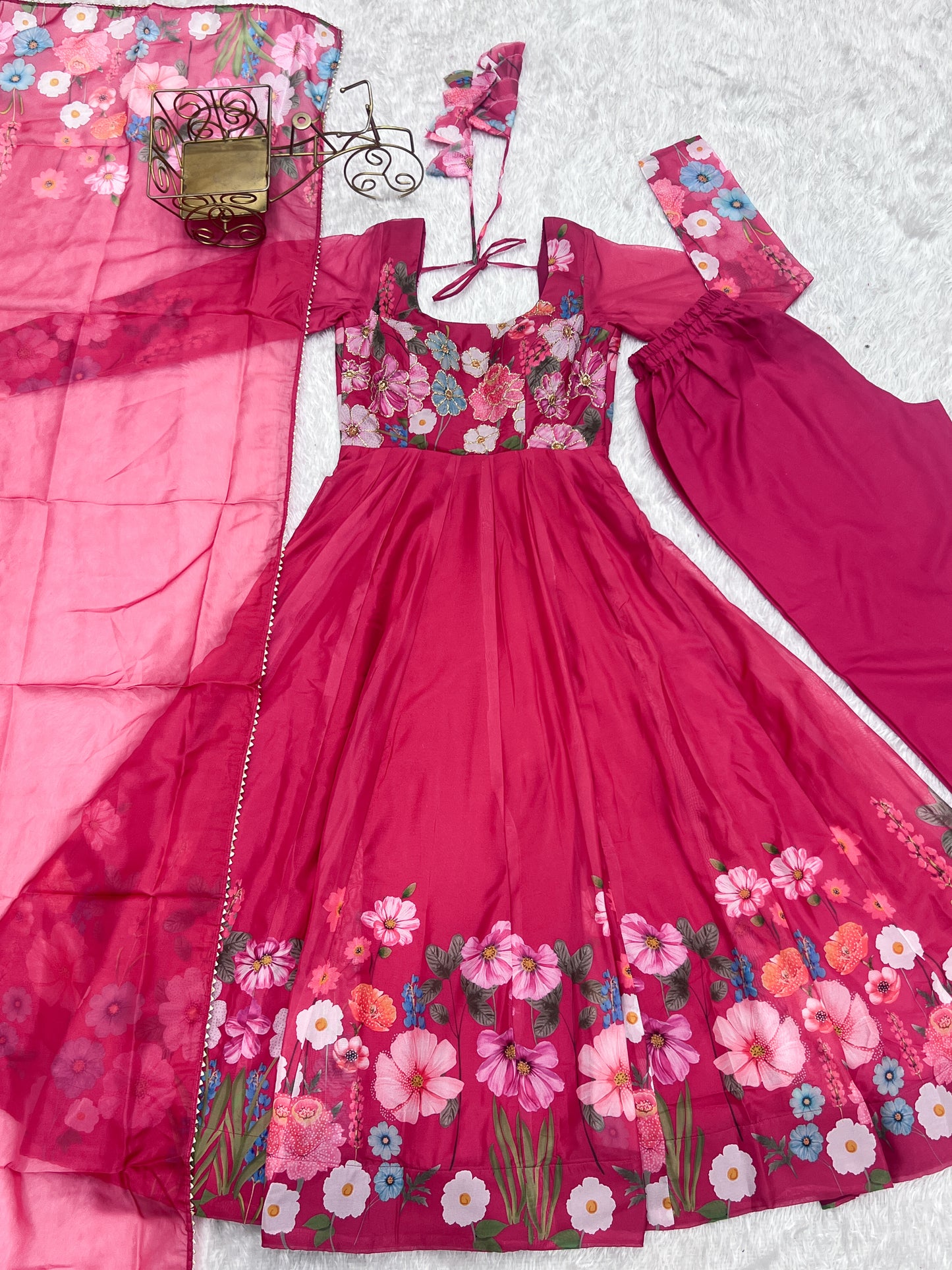 Pink Color Organza Silk Print Fully Stitched Frock Style Suit Set