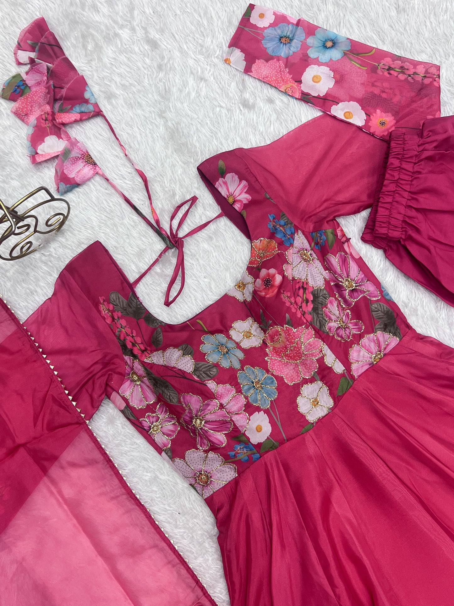 Pink Color Organza Silk Print Fully Stitched Frock Style Suit Set