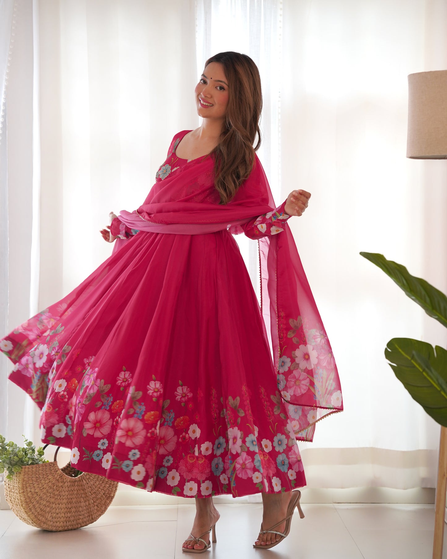 Pink Color Organza Silk Print Fully Stitched Frock Style Suit Set