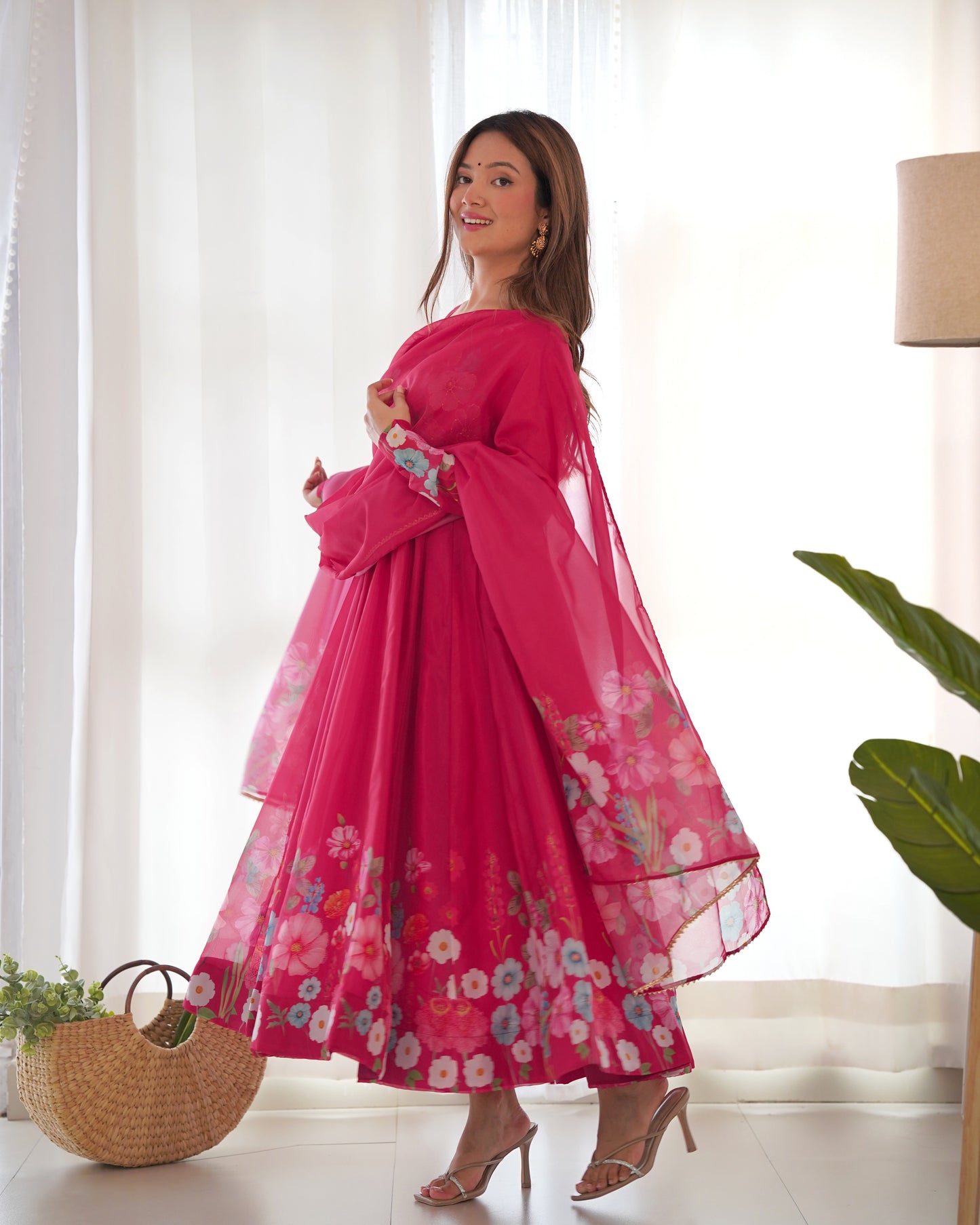 Pink Color Organza Silk Print Fully Stitched Frock Style Suit Set