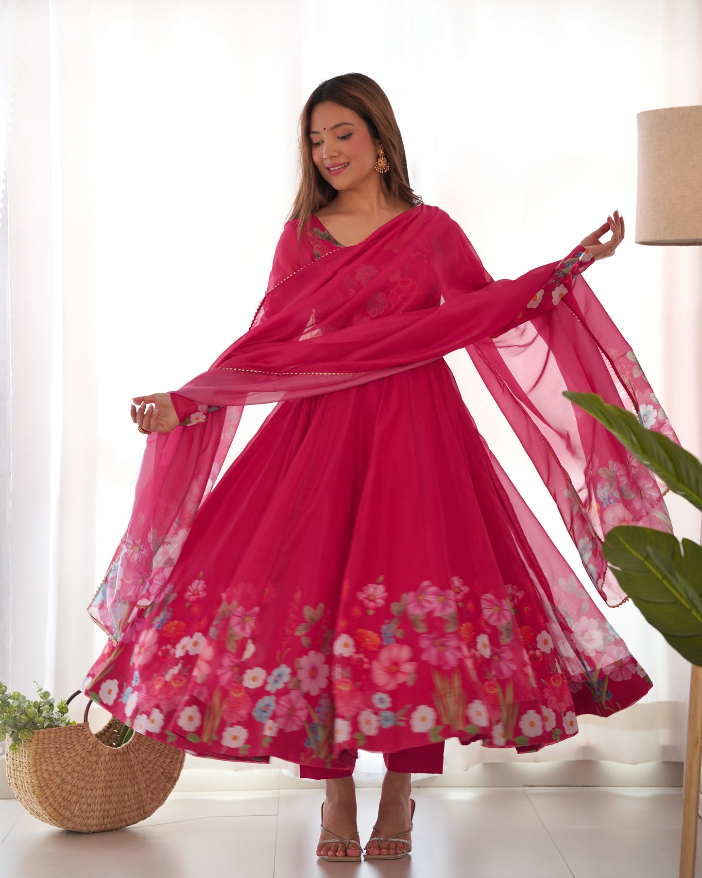 Pink Color Organza Silk Print Fully Stitched Frock Style Suit Set