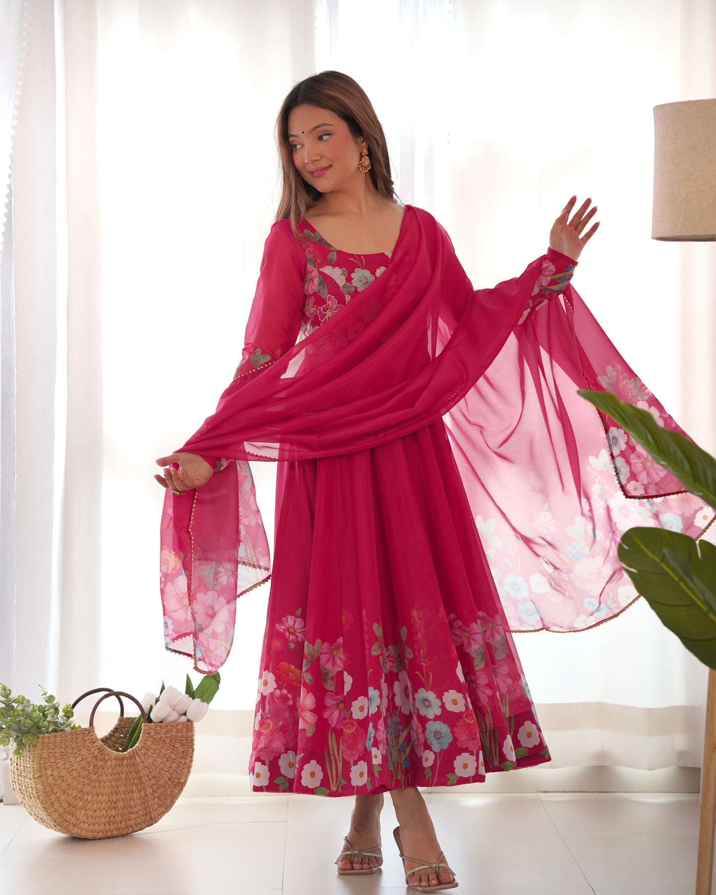 Pink Color Organza Silk Print Fully Stitched Frock Style Suit Set