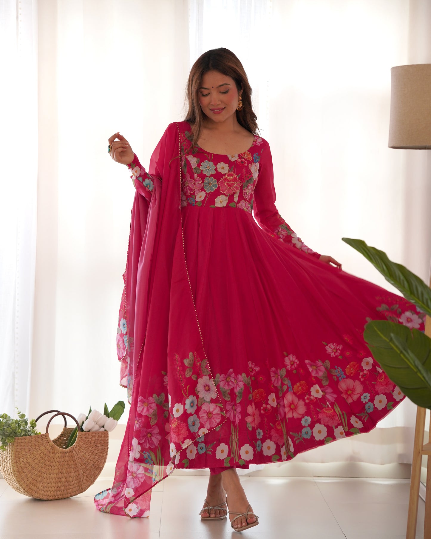 Pink Color Organza Silk Print Fully Stitched Frock Style Suit Set