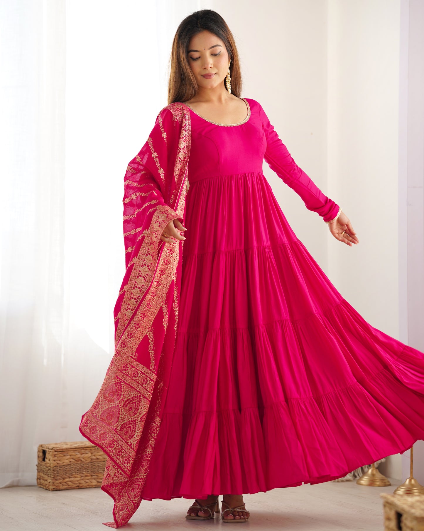 Pink Color Roman Silk Gown With Banarasi Dupatta