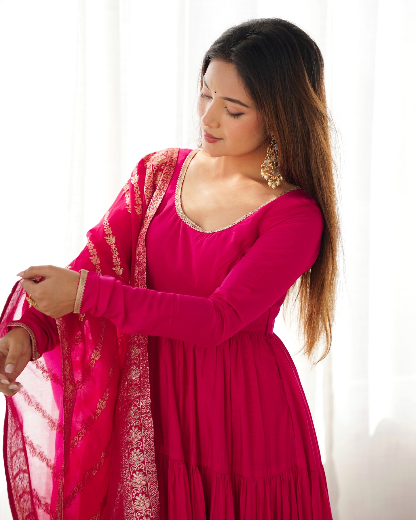 Pink Color Roman Silk Gown With Banarasi Dupatta
