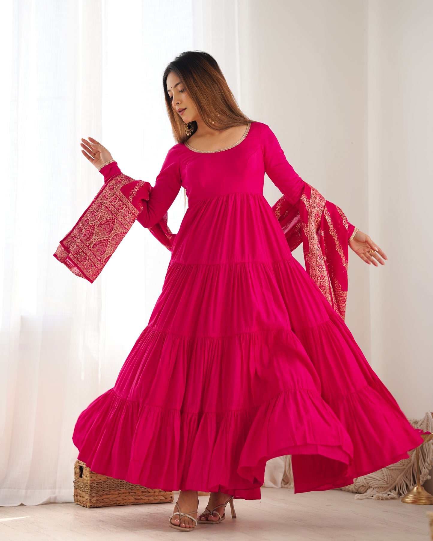 Pink Color Roman Silk Gown With Banarasi Dupatta