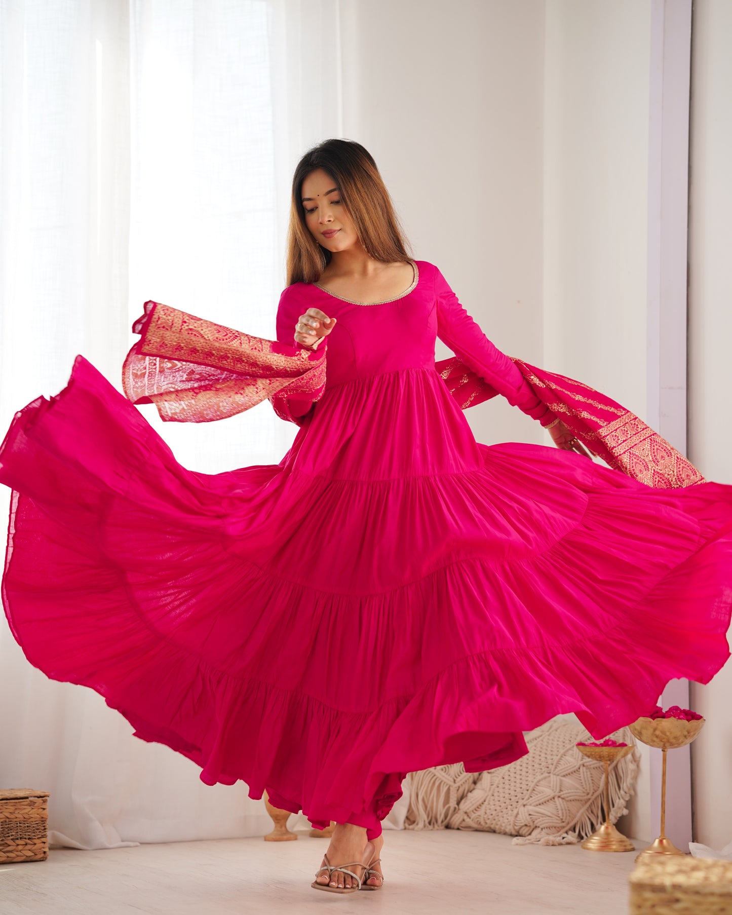 Pink Color Roman Silk Gown With Banarasi Dupatta