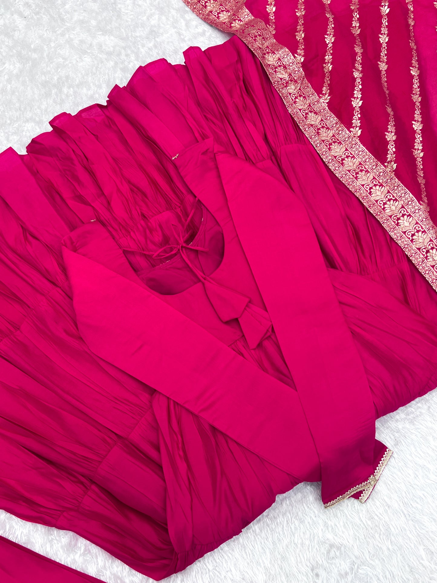 Pink Color Roman Silk Gown With Banarasi Dupatta