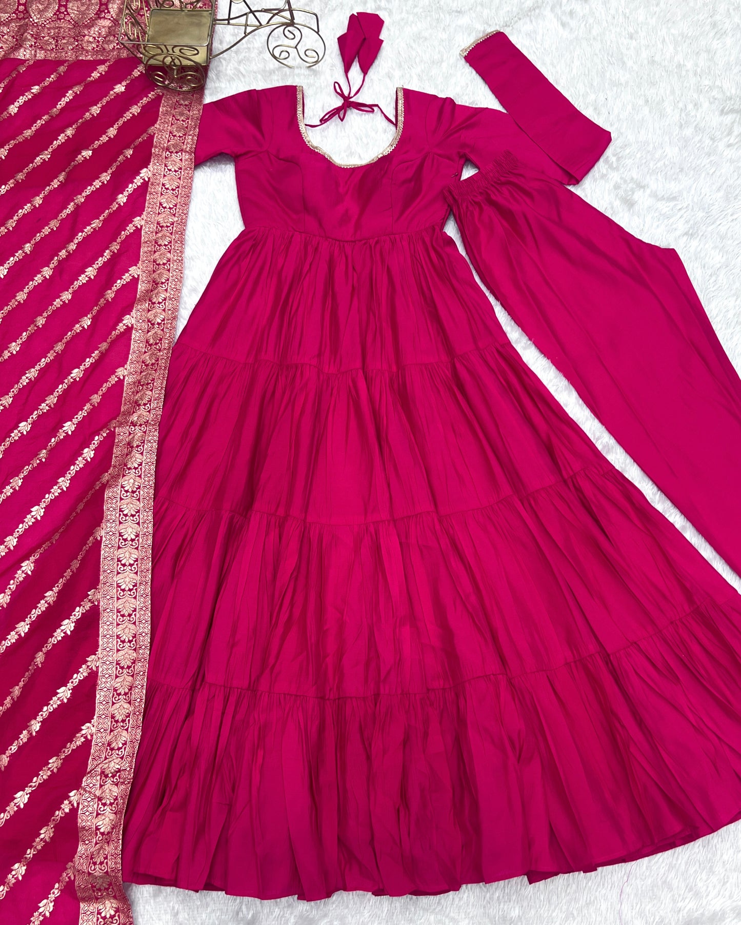 Pink Color Roman Silk Gown With Banarasi Dupatta