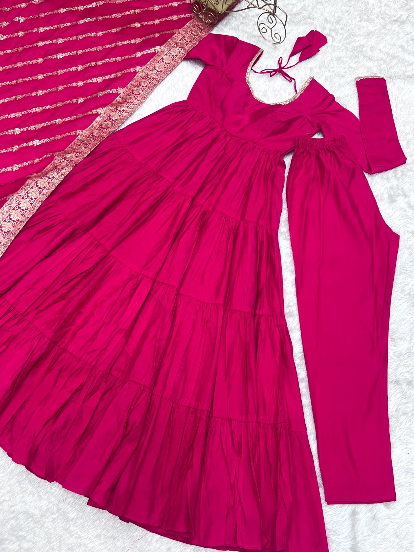 Pink Color Roman Silk Gown With Banarasi Dupatta