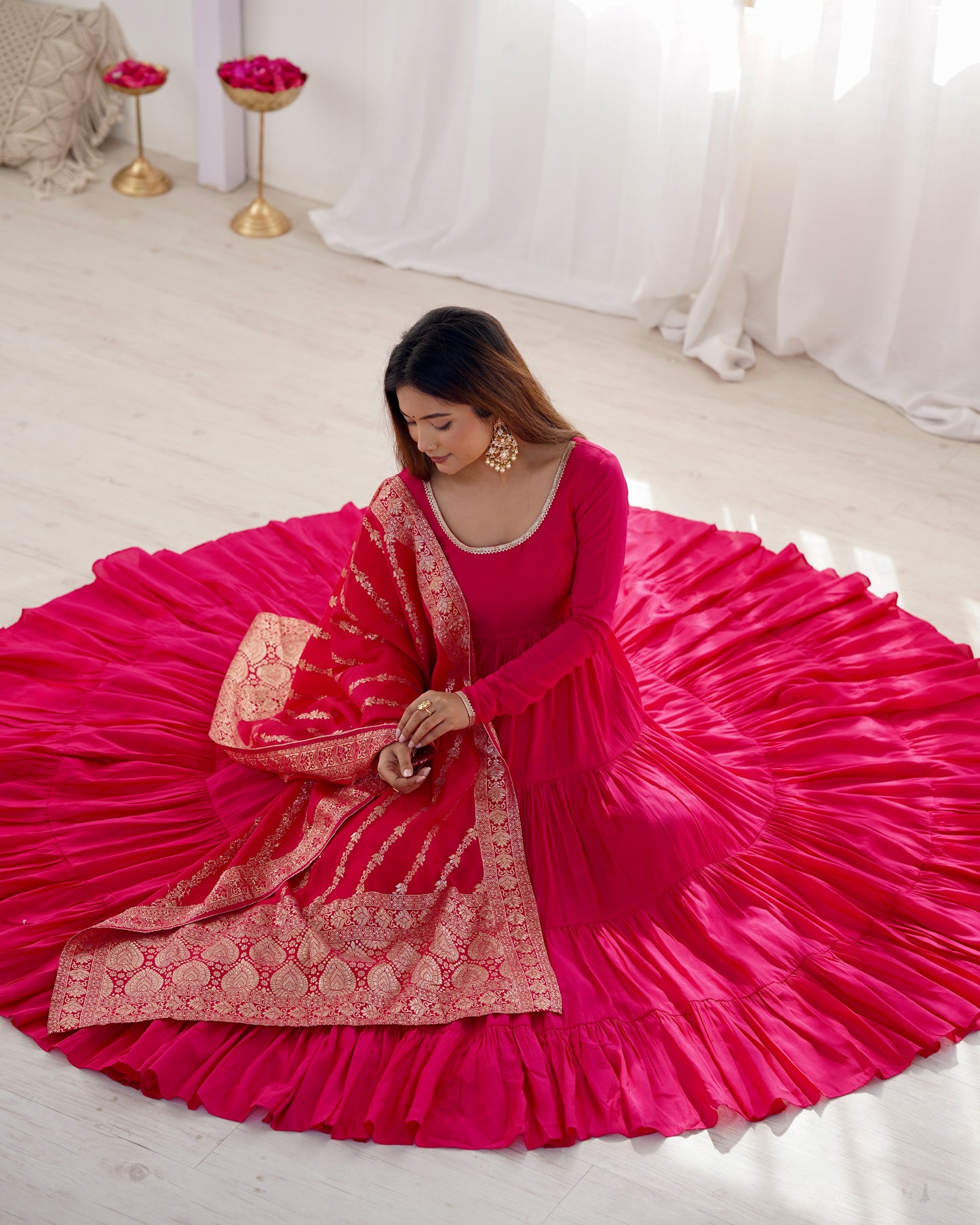 Pink Color Roman Silk Gown With Banarasi Dupatta