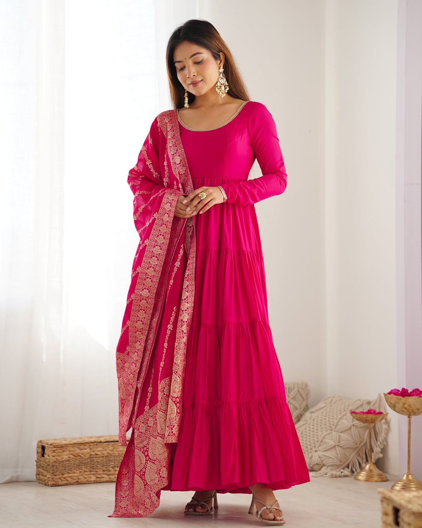 Pink Color Roman Silk Gown With Banarasi Dupatta