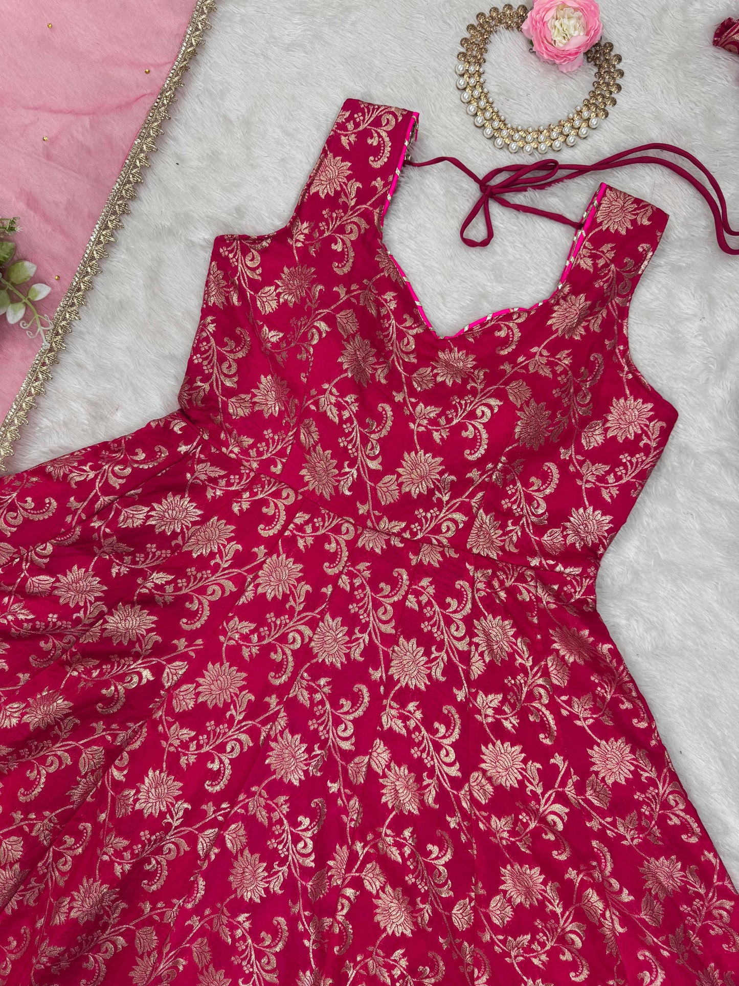 Pink Jacquard Silk Ready to Wear Gown For Girls