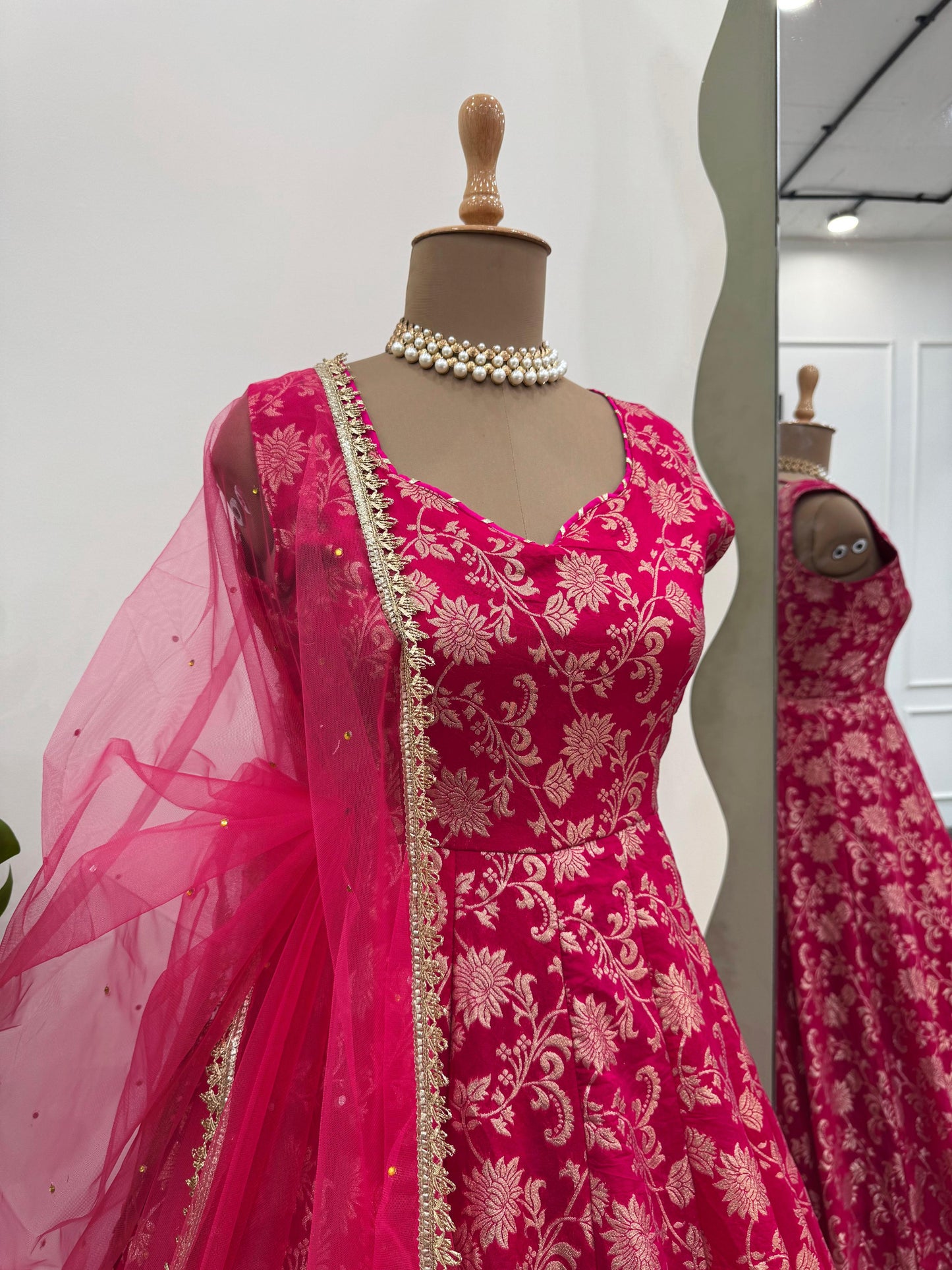 Pink Jacquard Silk Ready to Wear Gown For Girls