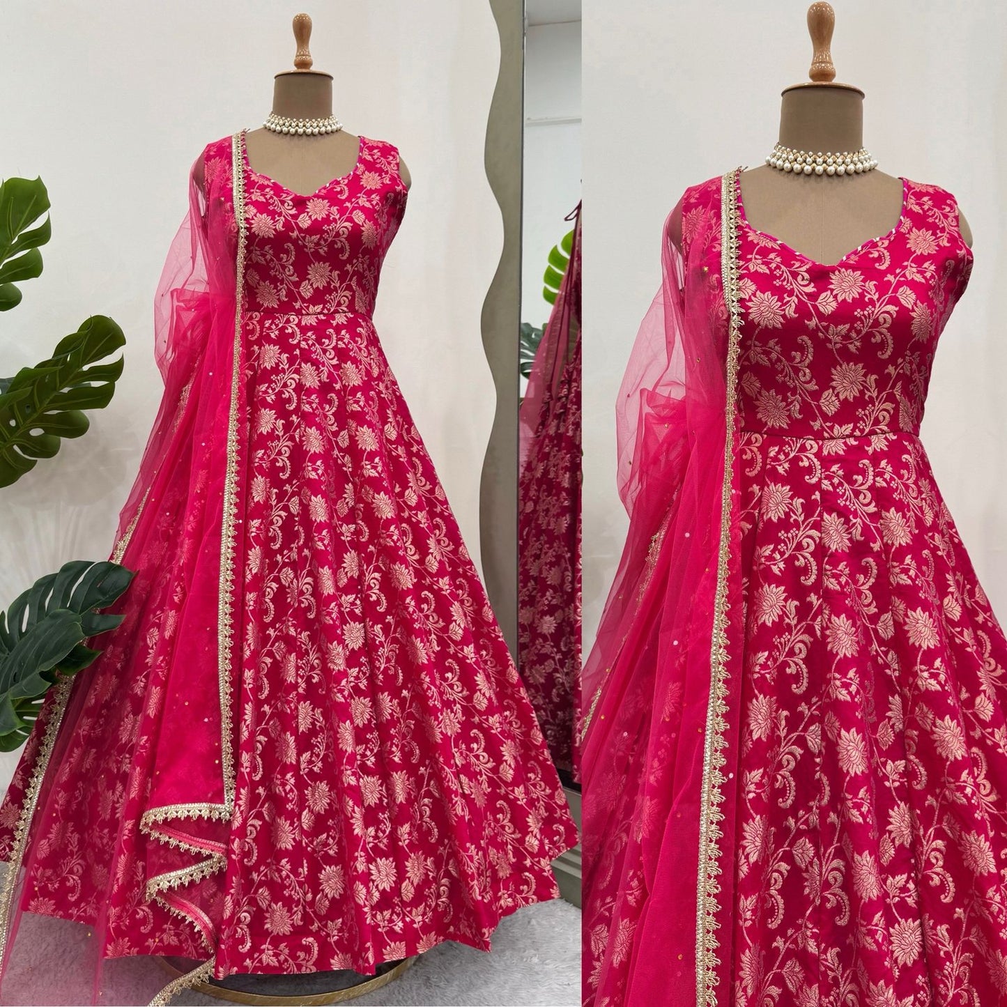 Pink Jacquard Silk Ready to Wear Gown For Girls