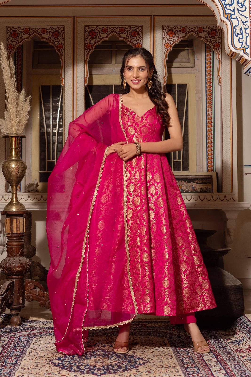 Pink Jacquard Silk Ready to Wear Gown For Girls