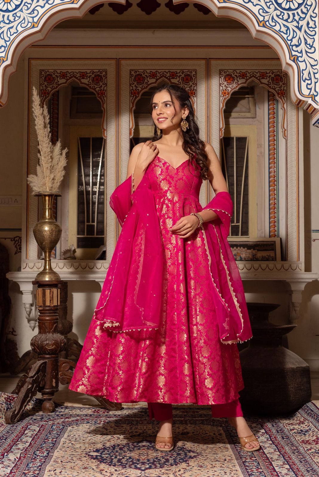 Pink Jacquard Silk Ready to Wear Gown For Girls