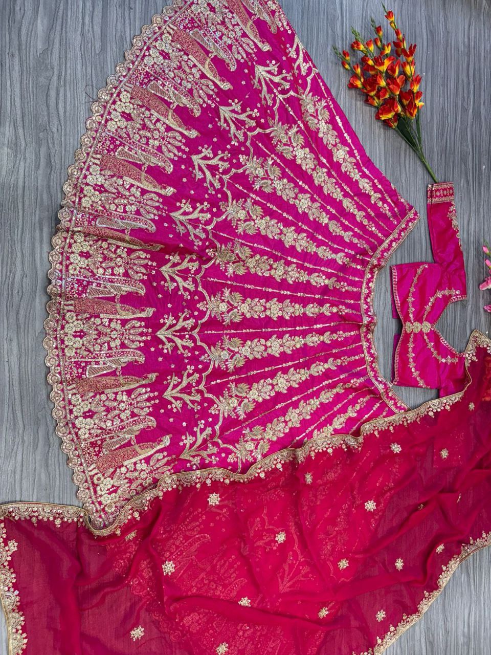 Pink Color Tafeta Silk Embroidered Semi Stitched Lehenga Choli