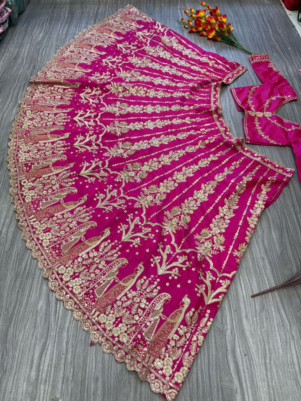 Pink Color Tafeta Silk Embroidered Semi Stitched Lehenga Choli