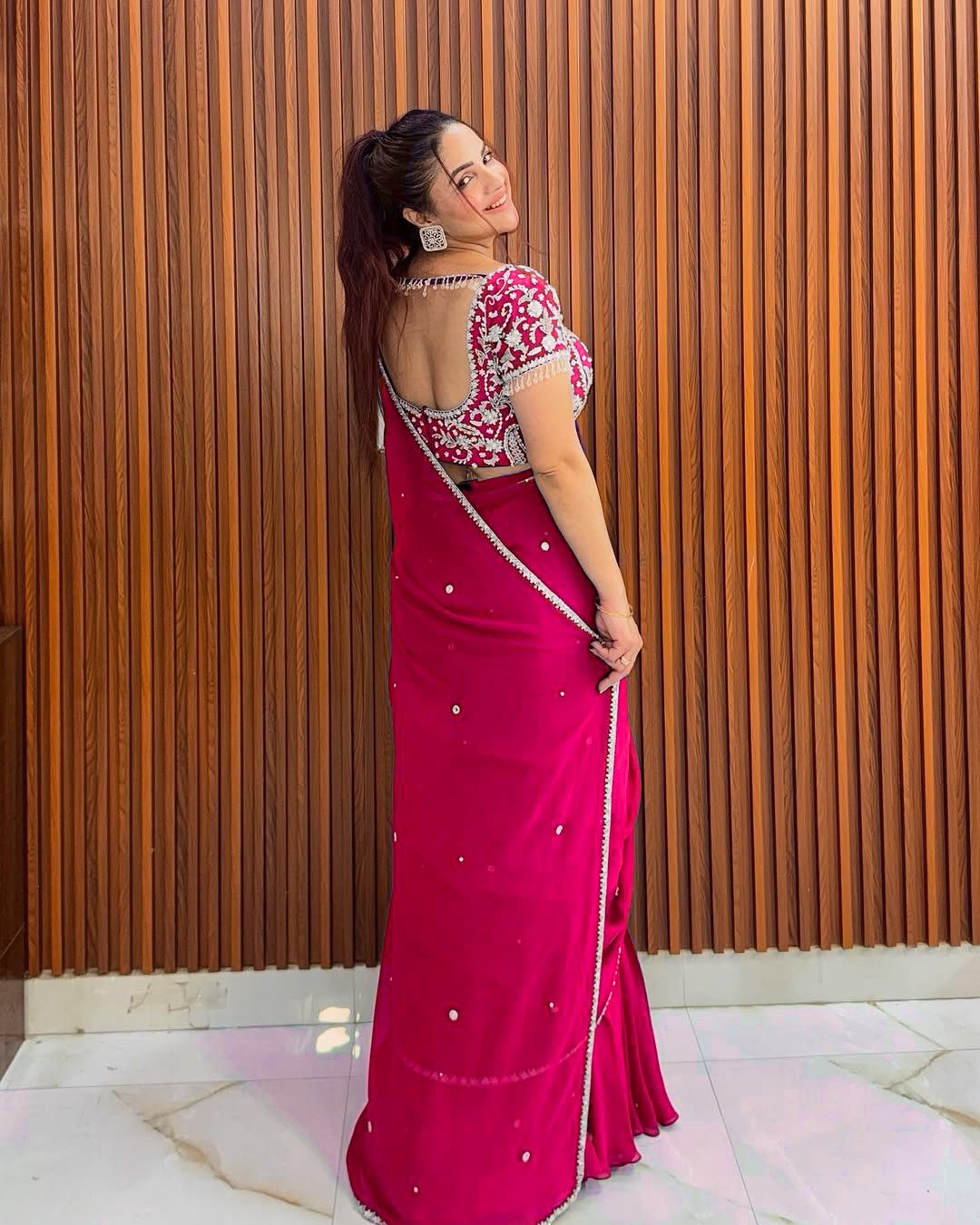 Pink Color 1 Min Ready to Wear Ruffle Style Georgette Lehenga Saree ⭐⭐⭐⭐⭐(4.9/5)