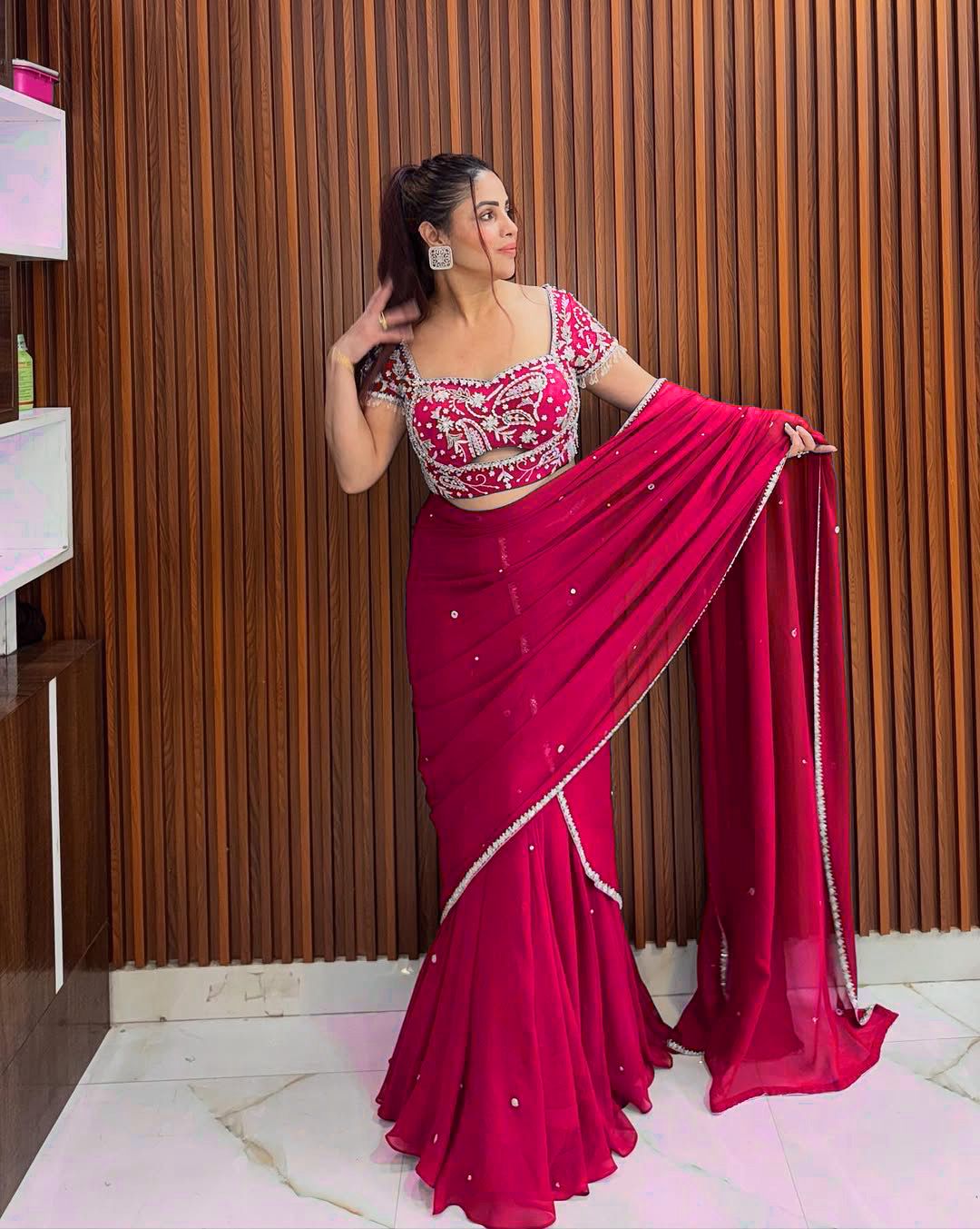 Pink Color 1 Min Ready to Wear Ruffle Style Georgette Lehenga Saree ⭐⭐⭐⭐⭐(4.9/5)