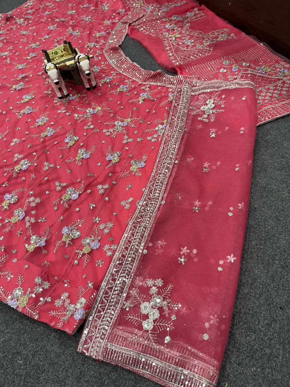 Carrot Pink Soft Net Sequence Semi Stitched Lehenga Choli