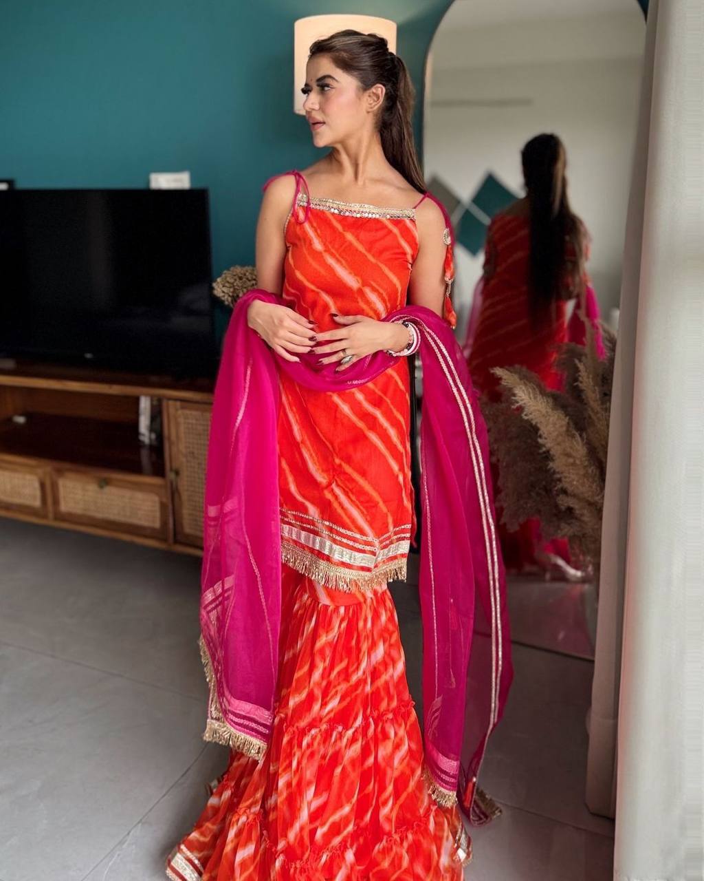 Orange color Georgette Ready Made Sharara Suit Set For Women