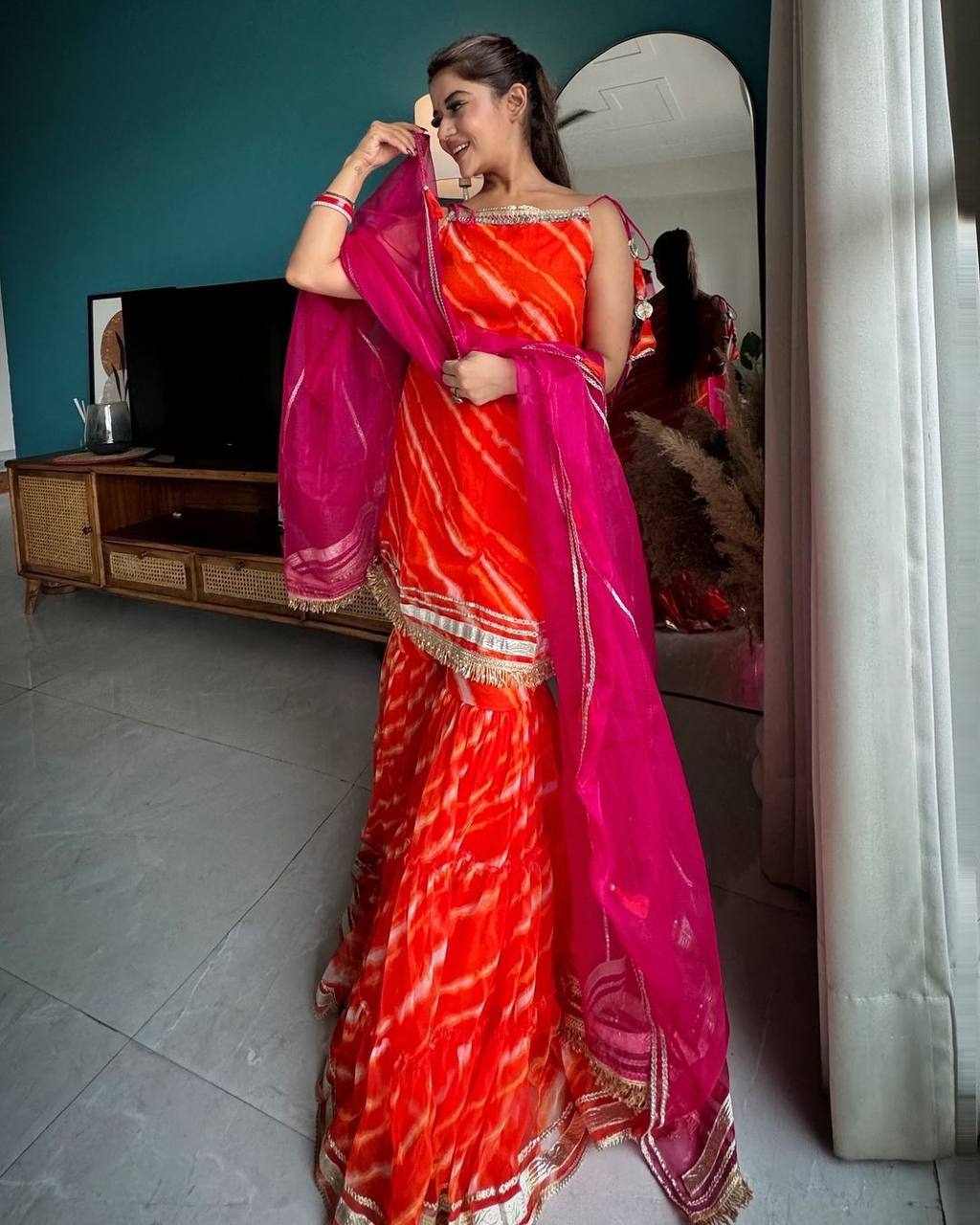 Orange color Georgette Ready Made Sharara Suit Set For Women