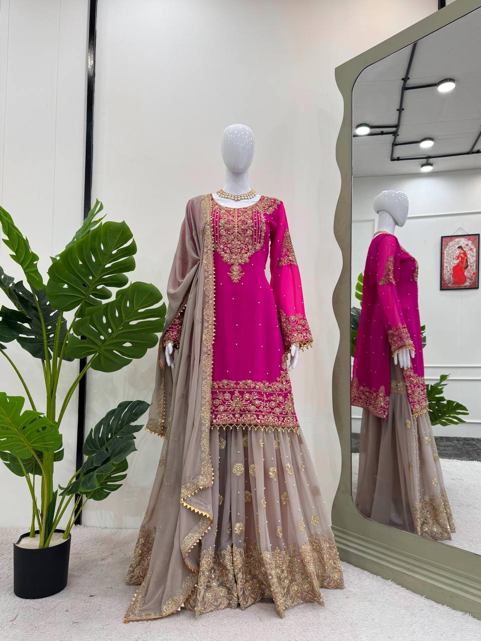 Pink Color Georgette Embroiderd Full Stiched Sharara Suit
