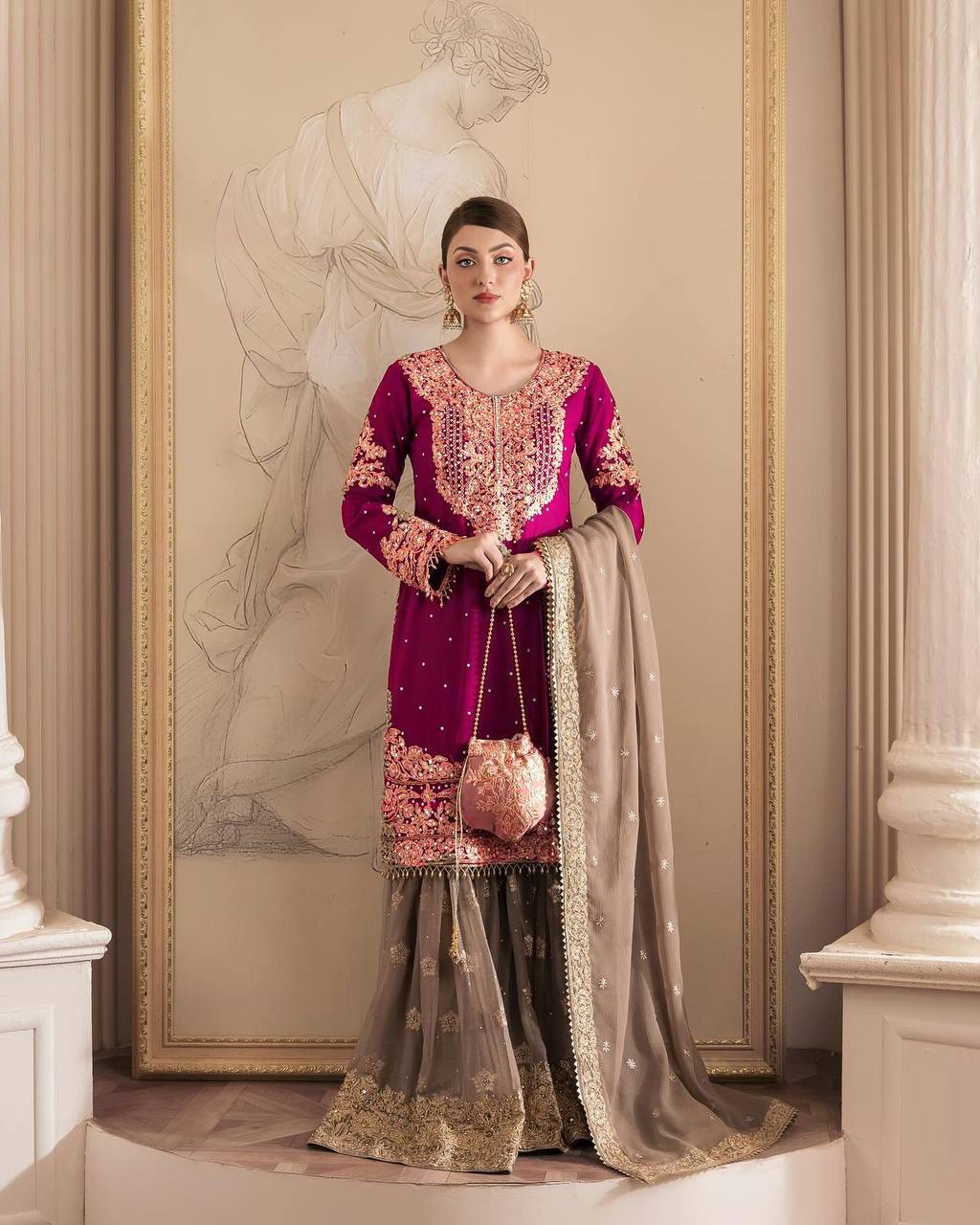 Pink Color Georgette Embroiderd Full Stiched Sharara Suit