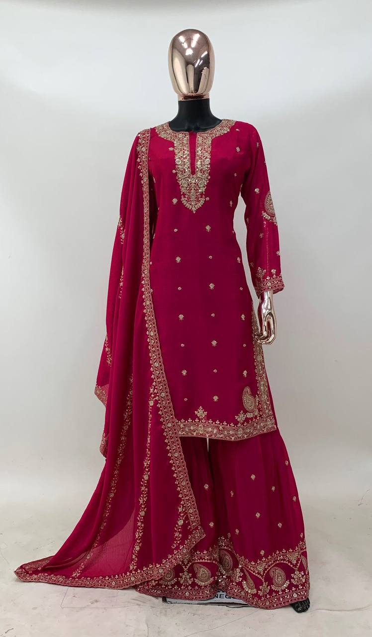 Pink Color Chion Embroidered Work Full Stiched Sharara Suit