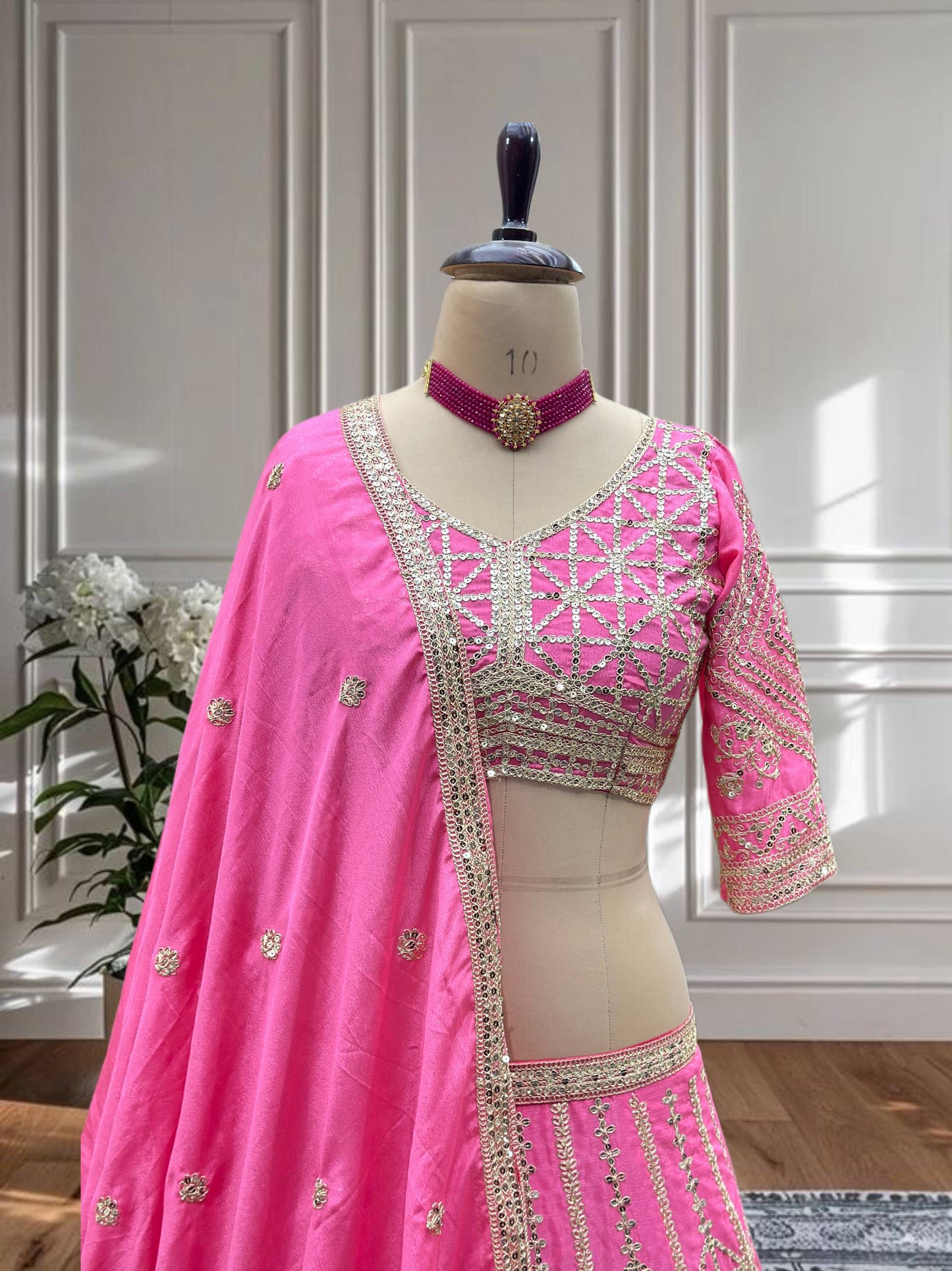 Women's Pink Color Chinon Silk Sequence Coding Work Lehenga Choli
